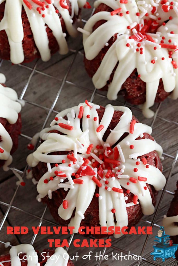 Red Velvet Cheesecake Tea Cakes | Can't Stay Out of the Kitchen | These delectable #TeaCakes start with a #RedVelvet cake mix that includes #Cheesecake pudding. They're glazed with #CreamCheese icing. Festive, elegant, beautiful #dessert for the #holidays, #Christmas or #ValentinesDay. #cake #chocolate #HolidayDessert #RedVelvetDessert #RedVelvetCheesecakeTeaCakes