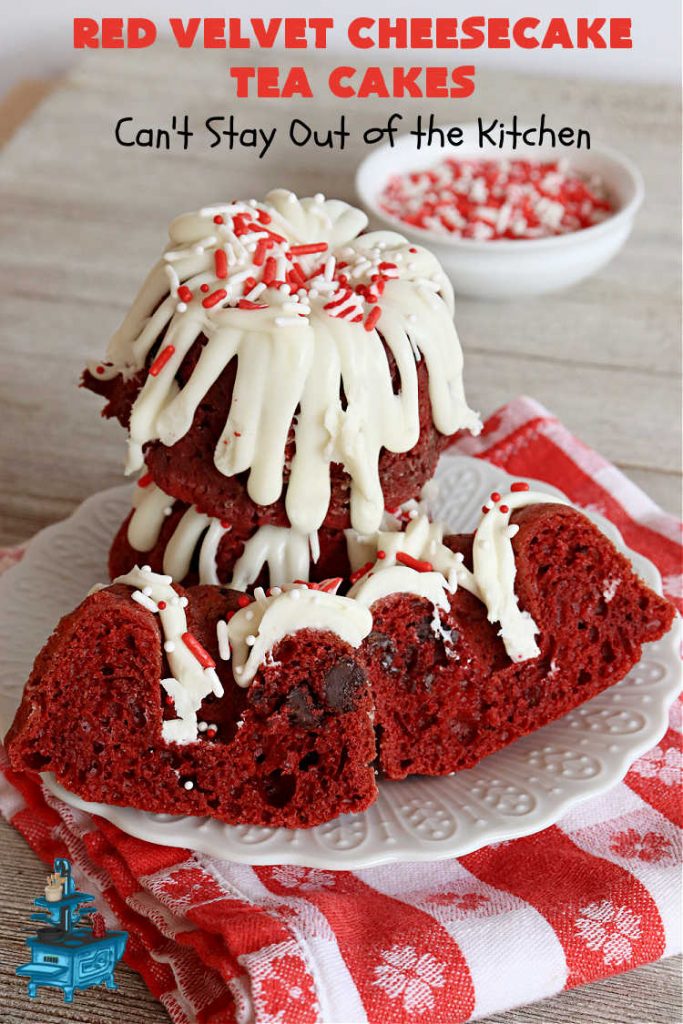 Red Velvet Cheesecake Tea Cakes | Can't Stay Out of the Kitchen | These delectable #TeaCakes start with a #RedVelvet cake mix that includes #Cheesecake pudding. They're glazed with #CreamCheese icing. Festive, elegant, beautiful #dessert for the #holidays, #Christmas or #ValentinesDay. #cake #chocolate #HolidayDessert #RedVelvetDessert #RedVelvetCheesecakeTeaCakes