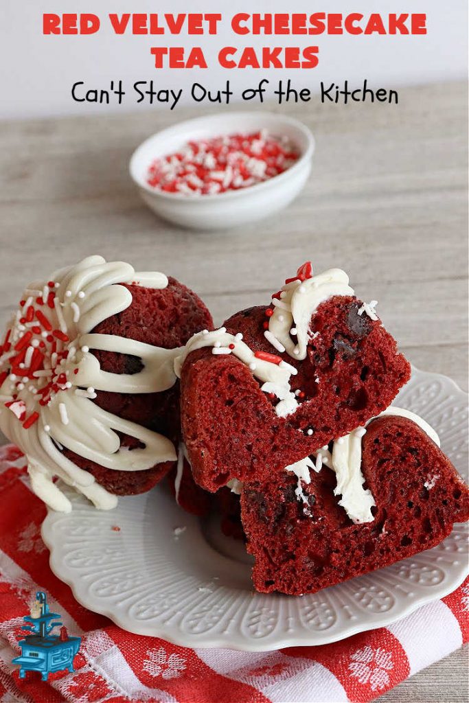 Red Velvet Cheesecake Tea Cakes | Can't Stay Out of the Kitchen | These delectable #TeaCakes start with a #RedVelvet cake mix that includes #Cheesecake pudding. They're glazed with #CreamCheese icing. Festive, elegant, beautiful #dessert for the #holidays, #Christmas or #ValentinesDay. #cake #chocolate #HolidayDessert #RedVelvetDessert #RedVelvetCheesecakeTeaCakes