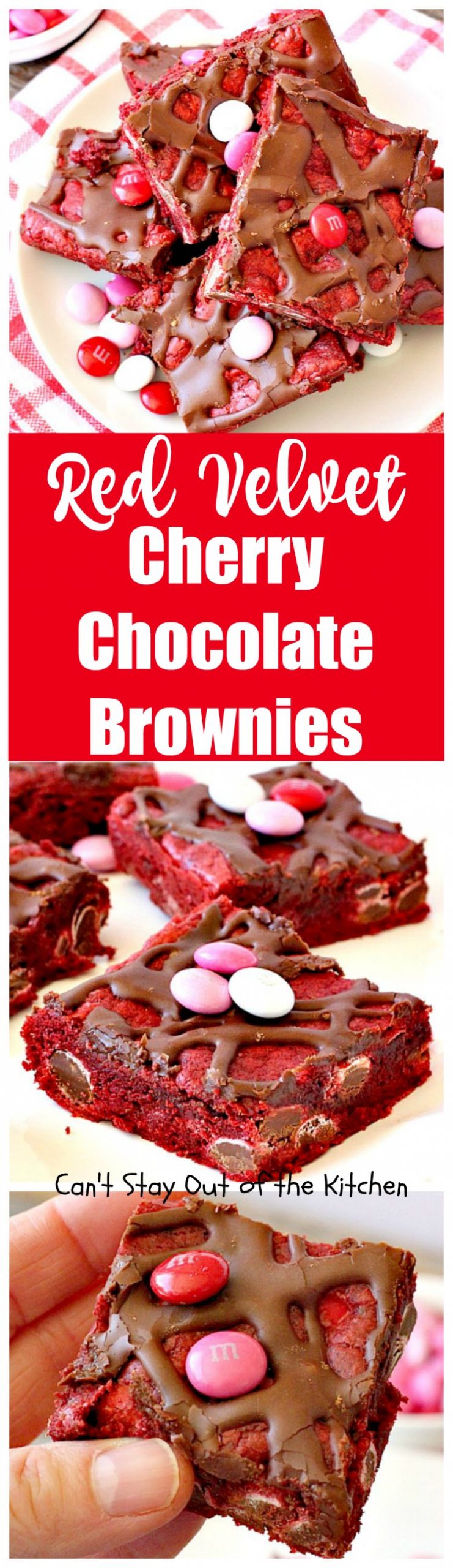 Red Velvet Cherry Chocolate Brownies | Can't Stay Out of the Kitchen | these fantastic #brownies start with a #RedVelvet cake mix and #M&M's. Totally outrageous #dessert you've got to make for #Valentine'sDay!