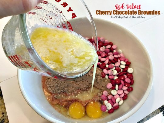 Red Velvet Cherry Chocolate Brownies | Can't Stay Out of the Kitchen | these fantastic #brownies start with a #RedVelvet cake mix and #M&M's. Totally outrageous #dessert you've got to make for #Valentine'sDay!
