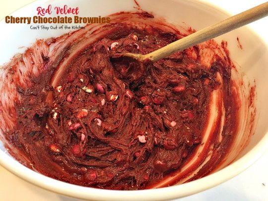 Red Velvet Cherry Chocolate Brownies | Can't Stay Out of the Kitchen | these fantastic #brownies start with a #RedVelvet cake mix and #M&M's. Totally outrageous #dessert you've got to make for #Valentine'sDay!
