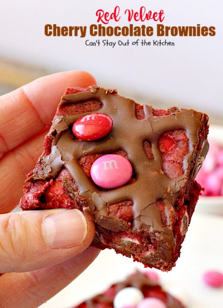 Red Velvet Cherry Chocolate Brownies | Can't Stay Out of the Kitchen | these fantastic #brownies start with a #RedVelvet cake mix and #M&M's. Totally outrageous #dessert you've got to make for #Valentine'sDay!