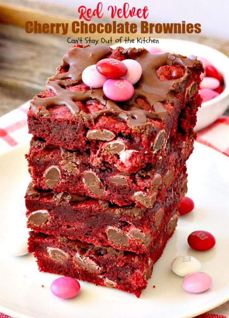Red Velvet Cherry Chocolate Brownies | Can't Stay Out of the Kitchen | these fantastic #brownies start with a #RedVelvet cake mix and #M&M's. Totally outrageous #dessert you've got to make for #Valentine'sDay!