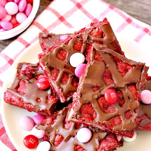 Red Velvet Cherry Chocolate Brownies | Can't Stay Out of the Kitchen | these fantastic #brownies start with a #RedVelvet cake mix and #M&M's. Totally outrageous #dessert you've got to make for #Valentine'sDay!