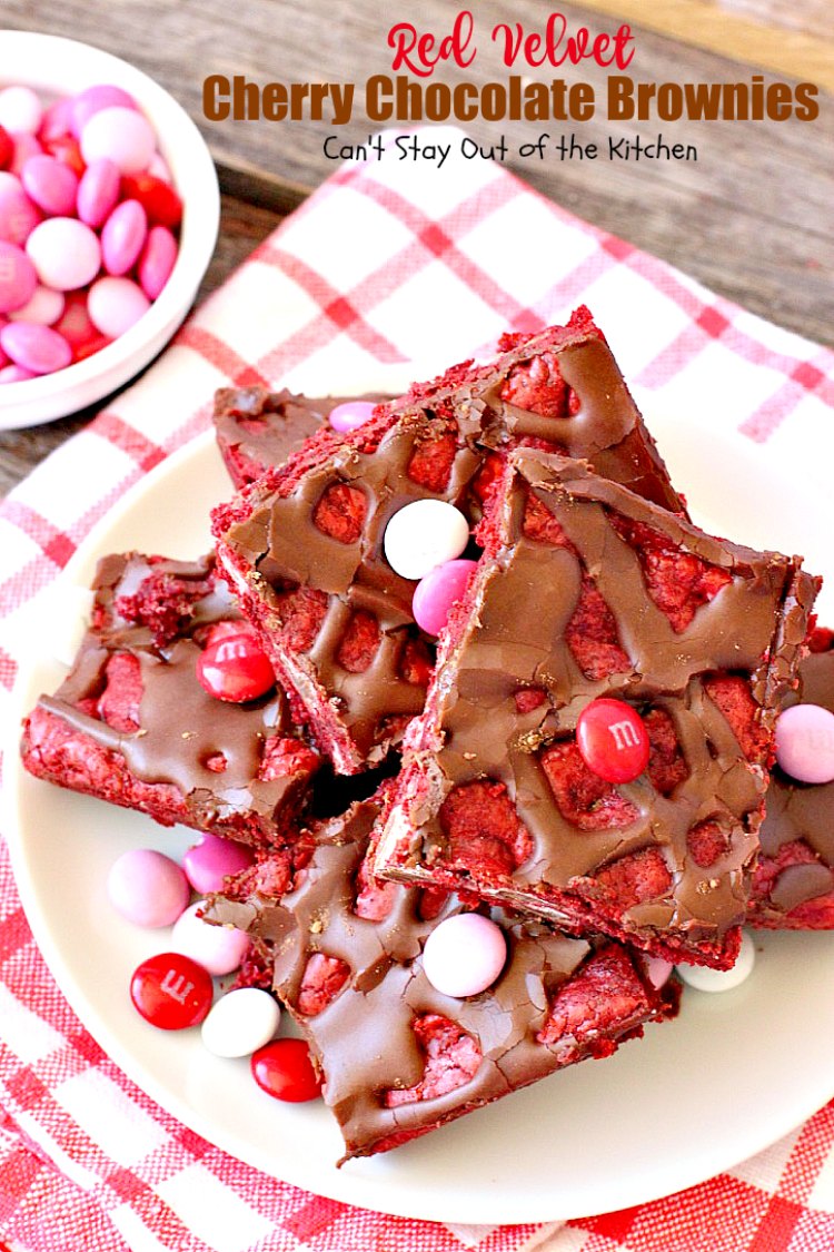 Red Velvet Cherry Chocolate Brownies | Can't Stay Out of the Kitchen | these fantastic #brownies start with a #RedVelvet cake mix and #M&M's. Totally outrageous #dessert you've got to make for #Valentine'sDay!
