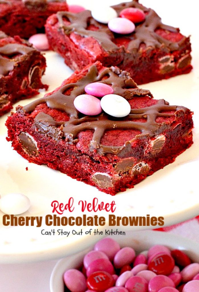 Red Velvet Cherry Chocolate Brownies | Can't Stay Out of the Kitchen | these fantastic #brownies start with a #RedVelvet cake mix and #M&M's. Totally outrageous #dessert you've got to make for #Valentine'sDay!