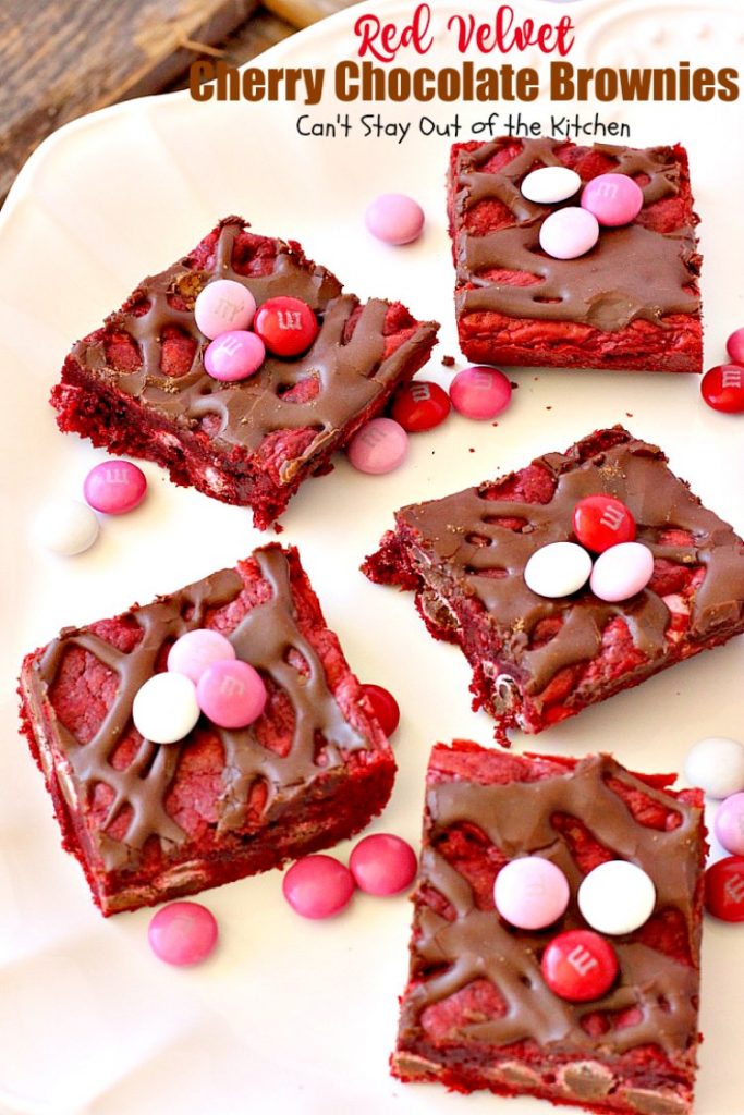 Red Velvet Cherry Chocolate Brownies | Can't Stay Out of the Kitchen | these fantastic #brownies start with a #RedVelvet cake mix and #M&M's. Totally outrageous #dessert you've got to make for #Valentine'sDay!