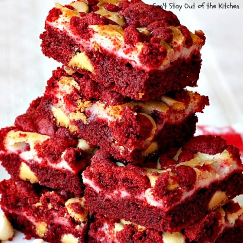 Red Velvet Cookie Dough Cheesecake Brownies | Can't Stay Out of the Kitchen | these awesome #redvelvet #brownies have a yummy #cheesecake layer and they're filled with #whitechocolatechips. Every bite is amazing. #dessert #chocolate