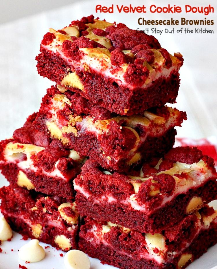 Red Velvet Cookie Dough Cheesecake Brownies | Can't Stay Out of the Kitchen | these awesome #redvelvet #brownies have a yummy #cheesecake layer and they're filled with #whitechocolatechips. Every bite is amazing. #dessert #chocolate