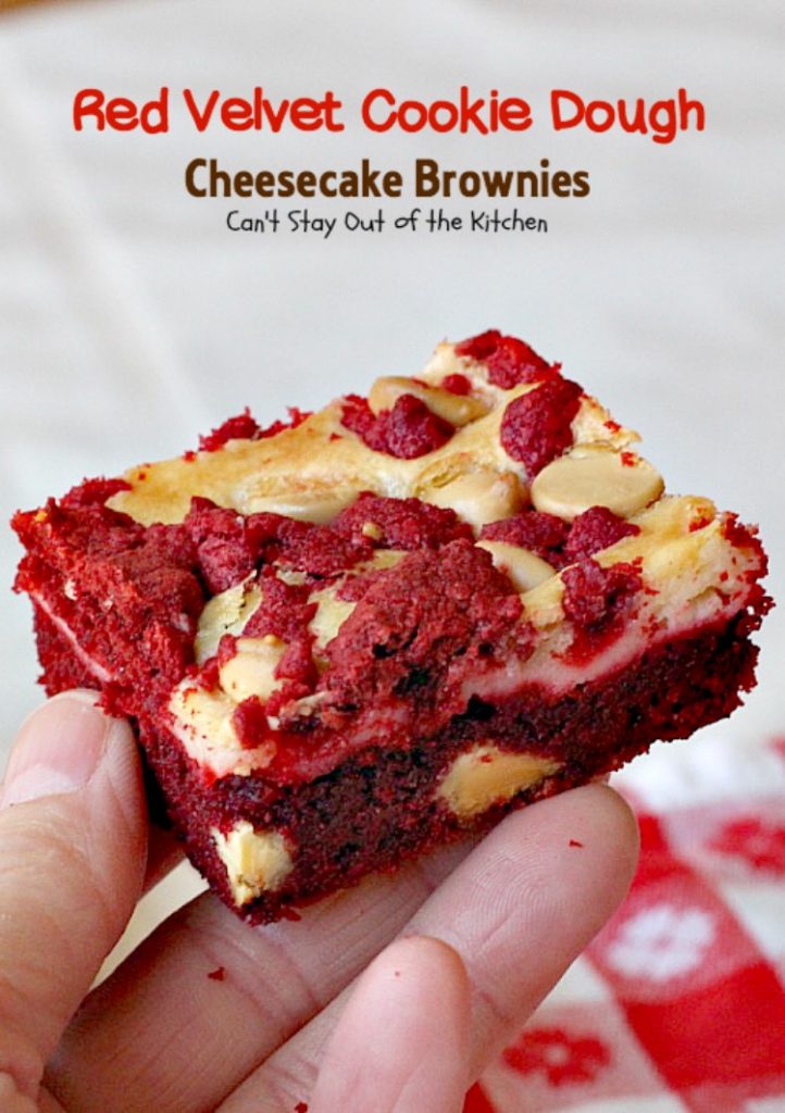 Red Velvet Cookie Dough Cheesecake Brownies | Can't Stay Out of the Kitchen | these awesome #redvelvet #brownies have a yummy #cheesecake layer and they're filled with #whitechocolatechips. Every bite is amazing. #dessert #chocolate