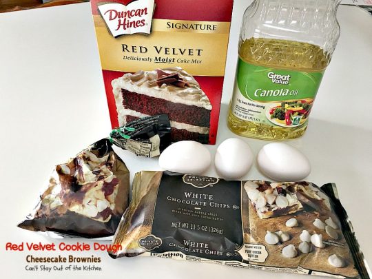 Red Velvet Cookie Dough Cheesecake Brownies | Can't Stay Out of the Kitchen | these awesome #redvelvet #brownies have a yummy #cheesecake layer and they're filled with #whitechocolatechips. Every bite is amazing. #dessert #chocolate