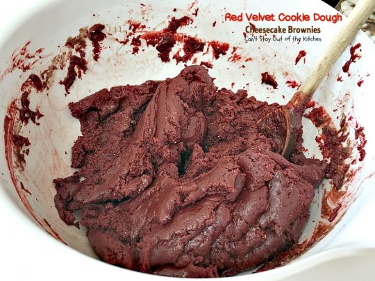 Red Velvet Cookie Dough Cheesecake Brownies | Can't Stay Out of the Kitchen | these awesome #redvelvet #brownies have a yummy #cheesecake layer and they're filled with #whitechocolatechips. Every bite is amazing. #dessert #chocolate