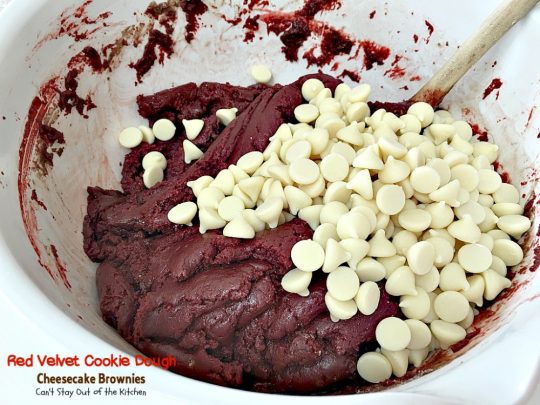 Red Velvet Cookie Dough Cheesecake Brownies | Can't Stay Out of the Kitchen | these awesome #redvelvet #brownies have a yummy #cheesecake layer and they're filled with #whitechocolatechips. Every bite is amazing. #dessert #chocolate