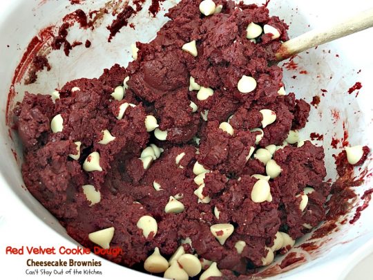 Red Velvet Cookie Dough Cheesecake Brownies | Can't Stay Out of the Kitchen | these awesome #redvelvet #brownies have a yummy #cheesecake layer and they're filled with #whitechocolatechips. Every bite is amazing. #dessert #chocolate