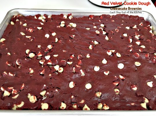 Red Velvet Cookie Dough Cheesecake Brownies | Can't Stay Out of the Kitchen | these awesome #redvelvet #brownies have a yummy #cheesecake layer and they're filled with #whitechocolatechips. Every bite is amazing. #dessert #chocolate