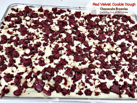 Red Velvet Cookie Dough Cheesecake Brownies | Can't Stay Out of the Kitchen | these awesome #redvelvet #brownies have a yummy #cheesecake layer and they're filled with #whitechocolatechips. Every bite is amazing. #dessert #chocolate