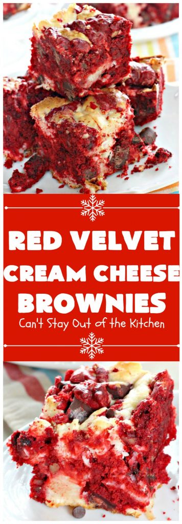 Red Velvet Cream Cheese Brownies | Can't Stay Out of the Kitchen | these favorite #holiday #brownies start with a #RedVelvet #cakemix. The #cheesecake layer includes #coconut adding extra punch. This terrific #cookie is wonderful for #Christmas or #ValentinesDay parties or #ChristmasCookieExchanges. #dessert #chocolate #Red VelvetDessert #ChocolateDessert #brownie #HolidayDessert
