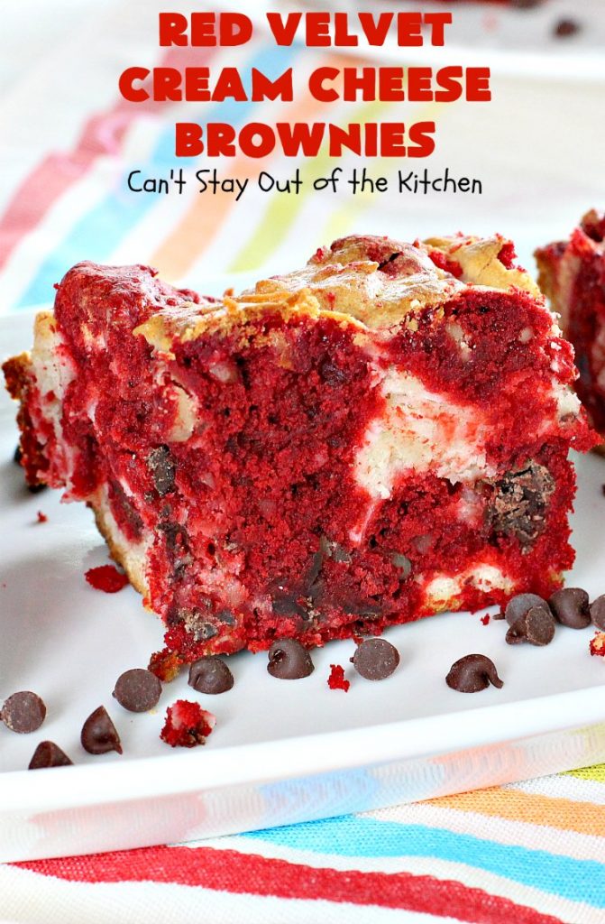 Red Velvet Cream Cheese Brownies | Can't Stay Out of the Kitchen | these favorite #holiday #brownies start with a #RedVelvet #cakemix. The #cheesecake layer includes #coconut adding extra punch. This terrific #cookie is wonderful for #Christmas or #ValentinesDay parties or #ChristmasCookieExchanges. #dessert #chocolate #Red VelvetDessert #ChocolateDessert #brownie #HolidayDessert