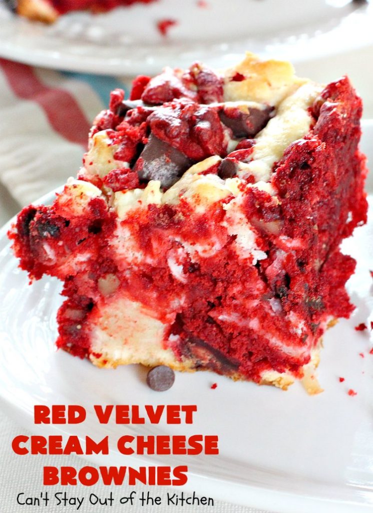 Red Velvet Cream Cheese Brownies | Can't Stay Out of the Kitchen | these favorite #holiday #brownies start with a #RedVelvet #cakemix. The #cheesecake layer includes #coconut adding extra punch. This terrific #cookie is wonderful for #Christmas or #ValentinesDay parties or #ChristmasCookieExchanges. #dessert #chocolate #Red VelvetDessert #ChocolateDessert #brownie #HolidayDessert