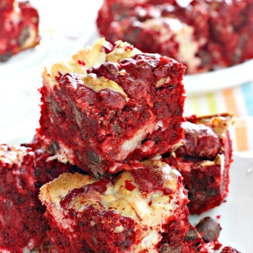 Red Velvet Cream Cheese Brownies | Can't Stay Out of the Kitchen | these favorite #holiday #brownies start with a #RedVelvet #cakemix. The #cheesecake layer includes #coconut adding extra punch. This terrific #cookie is wonderful for #Christmas or #ValentinesDay parties or #ChristmasCookieExchanges. #dessert #chocolate #Red VelvetDessert #ChocolateDessert #brownie #HolidayDessert