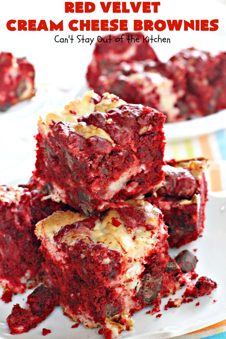 Red Velvet Cream Cheese Brownies | Can't Stay Out of the Kitchen | these favorite #holiday #brownies start with a #RedVelvet #cakemix. The #cheesecake layer includes #coconut adding extra punch. This terrific #cookie is wonderful for #Christmas or #ValentinesDay parties or #ChristmasCookieExchanges. #dessert #chocolate #Red VelvetDessert #ChocolateDessert #brownie #HolidayDessert