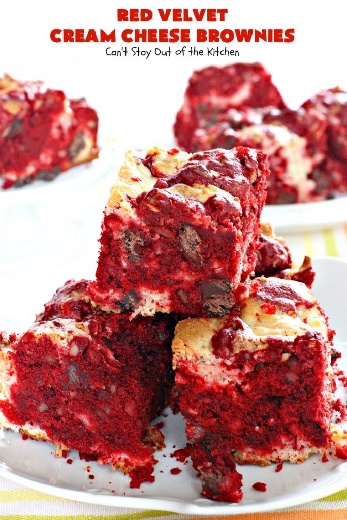 Red Velvet Cream Cheese Brownies | Can't Stay Out of the Kitchen | these favorite #holiday #brownies start with a #RedVelvet #cakemix. The #cheesecake layer includes #coconut adding extra punch. This terrific #cookie is wonderful for #Christmas or #ValentinesDay parties or #ChristmasCookieExchanges. #dessert #chocolate #Red VelvetDessert #ChocolateDessert #brownie #HolidayDessert