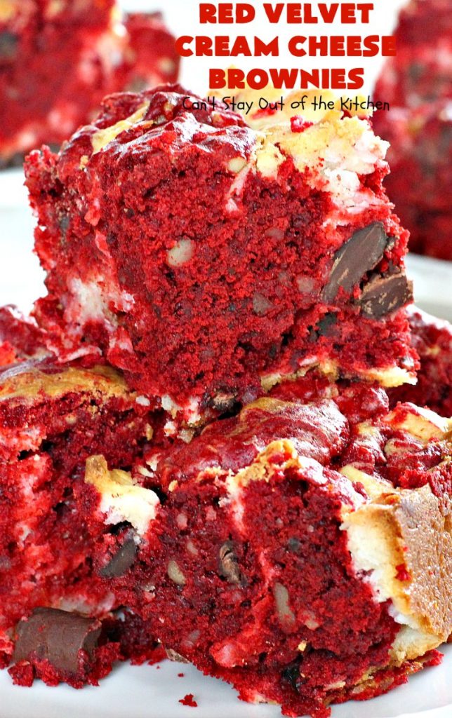 Red Velvet Cream Cheese Brownies | Can't Stay Out of the Kitchen | these favorite #holiday #brownies start with a #RedVelvet #cakemix. The #cheesecake layer includes #coconut adding extra punch. This terrific #cookie is wonderful for #Christmas or #ValentinesDay parties or #ChristmasCookieExchanges. #dessert #chocolate #Red VelvetDessert #ChocolateDessert #brownie #HolidayDessert