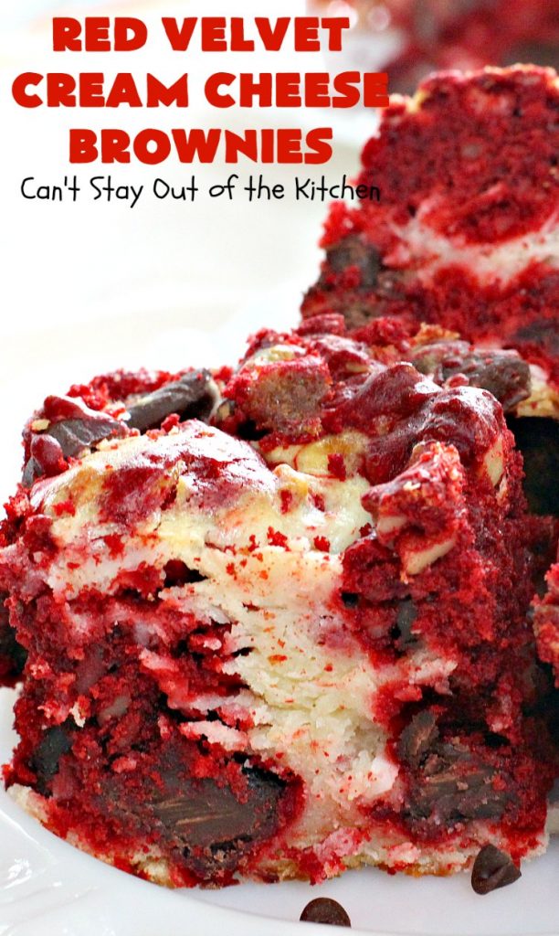 Red Velvet Cream Cheese Brownies | Can't Stay Out of the Kitchen | these favorite #holiday #brownies start with a #RedVelvet #cakemix. The #cheesecake layer includes #coconut adding extra punch. This terrific #cookie is wonderful for #Christmas or #ValentinesDay parties or #ChristmasCookieExchanges. #dessert #chocolate #Red VelvetDessert #ChocolateDessert #brownie #HolidayDessert