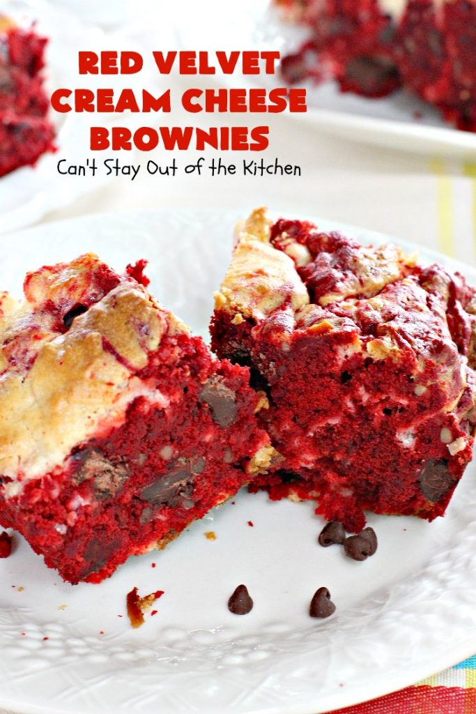 Red Velvet Cream Cheese Brownies | Can't Stay Out of the Kitchen | these favorite #holiday #brownies start with a #RedVelvet #cakemix. The #cheesecake layer includes #coconut adding extra punch. This terrific #cookie is wonderful for #Christmas or #ValentinesDay parties or #ChristmasCookieExchanges. #dessert #chocolate #Red VelvetDessert #ChocolateDessert #brownie #HolidayDessert