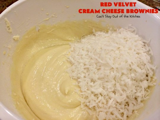 Red Velvet Cream Cheese Brownies | Can't Stay Out of the Kitchen | these favorite #holiday #brownies start with a #RedVelvet #cakemix. The #cheesecake layer includes #coconut adding extra punch. This terrific #cookie is wonderful for #Christmas or #ValentinesDay parties or #ChristmasCookieExchanges. #dessert #chocolate #Red VelvetDessert #ChocolateDessert #brownie #HolidayDessert
