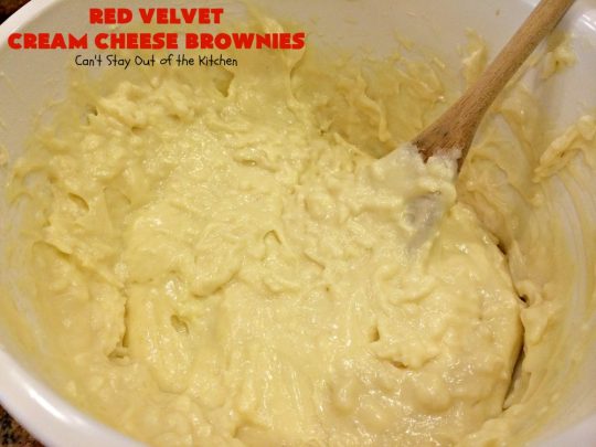 Red Velvet Cream Cheese Brownies | Can't Stay Out of the Kitchen | these favorite #holiday #brownies start with a #RedVelvet #cakemix. The #cheesecake layer includes #coconut adding extra punch. This terrific #cookie is wonderful for #Christmas or #ValentinesDay parties or #ChristmasCookieExchanges. #dessert #chocolate #Red VelvetDessert #ChocolateDessert #brownie #HolidayDessert