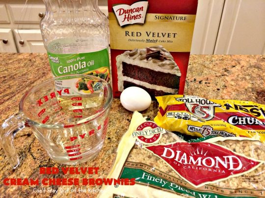 Red Velvet Cream Cheese Brownies | Can't Stay Out of the Kitchen | these favorite #holiday #brownies start with a #RedVelvet #cakemix. The #cheesecake layer includes #coconut adding extra punch. This terrific #cookie is wonderful for #Christmas or #ValentinesDay parties or #ChristmasCookieExchanges. #dessert #chocolate #Red VelvetDessert #ChocolateDessert #brownie #HolidayDessert