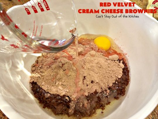 Red Velvet Cream Cheese Brownies | Can't Stay Out of the Kitchen | these favorite #holiday #brownies start with a #RedVelvet #cakemix. The #cheesecake layer includes #coconut adding extra punch. This terrific #cookie is wonderful for #Christmas or #ValentinesDay parties or #ChristmasCookieExchanges. #dessert #chocolate #Red VelvetDessert #ChocolateDessert #brownie #HolidayDessert