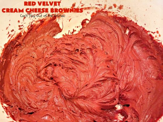 Red Velvet Cream Cheese Brownies | Can't Stay Out of the Kitchen | these favorite #holiday #brownies start with a #RedVelvet #cakemix. The #cheesecake layer includes #coconut adding extra punch. This terrific #cookie is wonderful for #Christmas or #ValentinesDay parties or #ChristmasCookieExchanges. #dessert #chocolate #Red VelvetDessert #ChocolateDessert #brownie #HolidayDessert