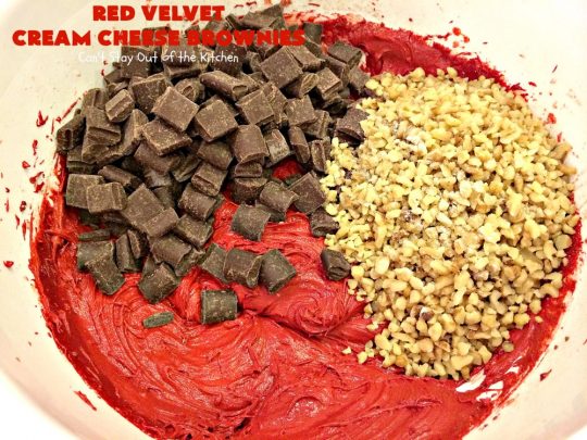 Red Velvet Cream Cheese Brownies | Can't Stay Out of the Kitchen | these favorite #holiday #brownies start with a #RedVelvet #cakemix. The #cheesecake layer includes #coconut adding extra punch. This terrific #cookie is wonderful for #Christmas or #ValentinesDay parties or #ChristmasCookieExchanges. #dessert #chocolate #Red VelvetDessert #ChocolateDessert #brownie #HolidayDessert