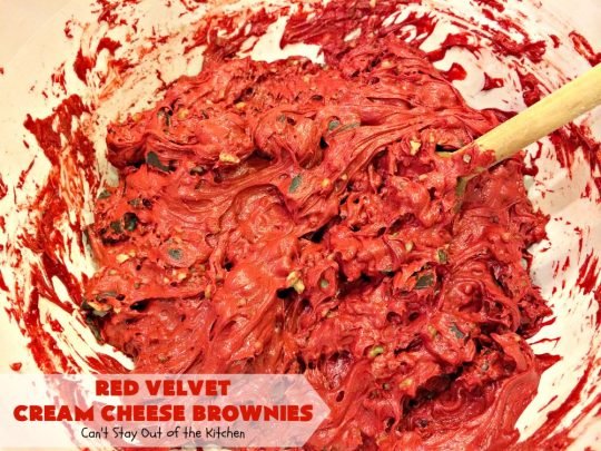 Red Velvet Cream Cheese Brownies | Can't Stay Out of the Kitchen | these favorite #holiday #brownies start with a #RedVelvet #cakemix. The #cheesecake layer includes #coconut adding extra punch. This terrific #cookie is wonderful for #Christmas or #ValentinesDay parties or #ChristmasCookieExchanges. #dessert #chocolate #Red VelvetDessert #ChocolateDessert #brownie #HolidayDessert