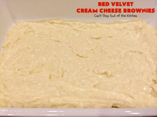 Red Velvet Cream Cheese Brownies | Can't Stay Out of the Kitchen | these favorite #holiday #brownies start with a #RedVelvet #cakemix. The #cheesecake layer includes #coconut adding extra punch. This terrific #cookie is wonderful for #Christmas or #ValentinesDay parties or #ChristmasCookieExchanges. #dessert #chocolate #Red VelvetDessert #ChocolateDessert #brownie #HolidayDessert