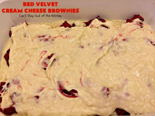 Red Velvet Cream Cheese Brownies | Can't Stay Out of the Kitchen | these favorite #holiday #brownies start with a #RedVelvet #cakemix. The #cheesecake layer includes #coconut adding extra punch. This terrific #cookie is wonderful for #Christmas or #ValentinesDay parties or #ChristmasCookieExchanges. #dessert #chocolate #Red VelvetDessert #ChocolateDessert #brownie #HolidayDessert