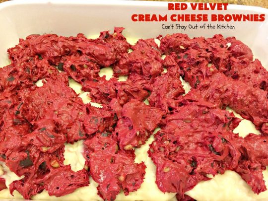 Red Velvet Cream Cheese Brownies | Can't Stay Out of the Kitchen | these favorite #holiday #brownies start with a #RedVelvet #cakemix. The #cheesecake layer includes #coconut adding extra punch. This terrific #cookie is wonderful for #Christmas or #ValentinesDay parties or #ChristmasCookieExchanges. #dessert #chocolate #Red VelvetDessert #ChocolateDessert #brownie #HolidayDessert