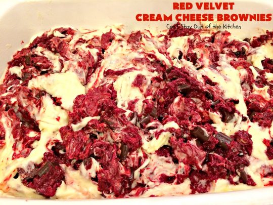 Red Velvet Cream Cheese Brownies | Can't Stay Out of the Kitchen | these favorite #holiday #brownies start with a #RedVelvet #cakemix. The #cheesecake layer includes #coconut adding extra punch. This terrific #cookie is wonderful for #Christmas or #ValentinesDay parties or #ChristmasCookieExchanges. #dessert #chocolate #Red VelvetDessert #ChocolateDessert #brownie #HolidayDessert