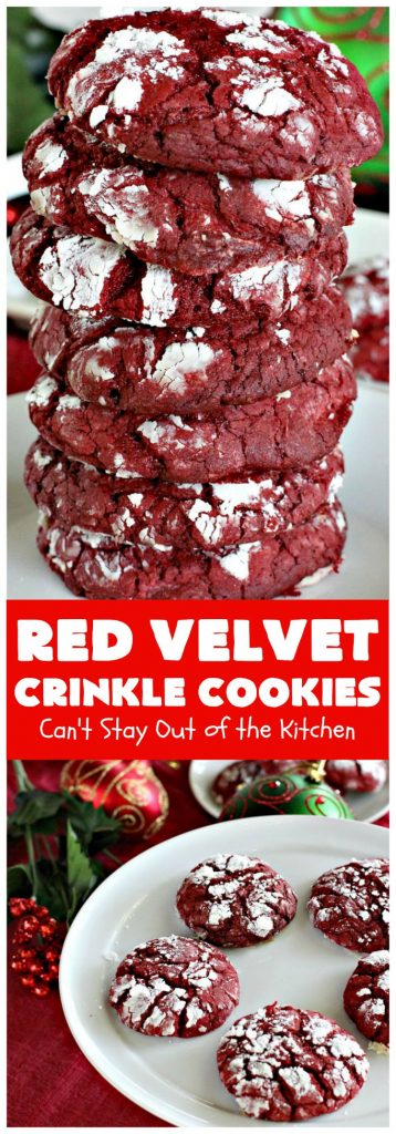 Red Velvet Crinkle Cookies | Can't Stay Out of the Kitchen | these sensational 6-ingredient #cookies are perfect for the #holidays & #Christmas #baking. They start with a #RedVelvet #cakemix making them so quick & easy. #Dessert #RedVelvetCookies #RedVelvetDessert #ChristmasDessert #ChristmasCookieExchange