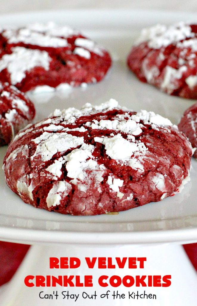 Red Velvet Crinkle Cookies | Can't Stay Out of the Kitchen | these sensational 6-ingredient #cookies are perfect for the #holidays & #Christmas #baking. They start with a #RedVelvet #cakemix making them so quick & easy. #Dessert #RedVelvetCookies #RedVelvetDessert #ChristmasDessert #ChristmasCookieExchange