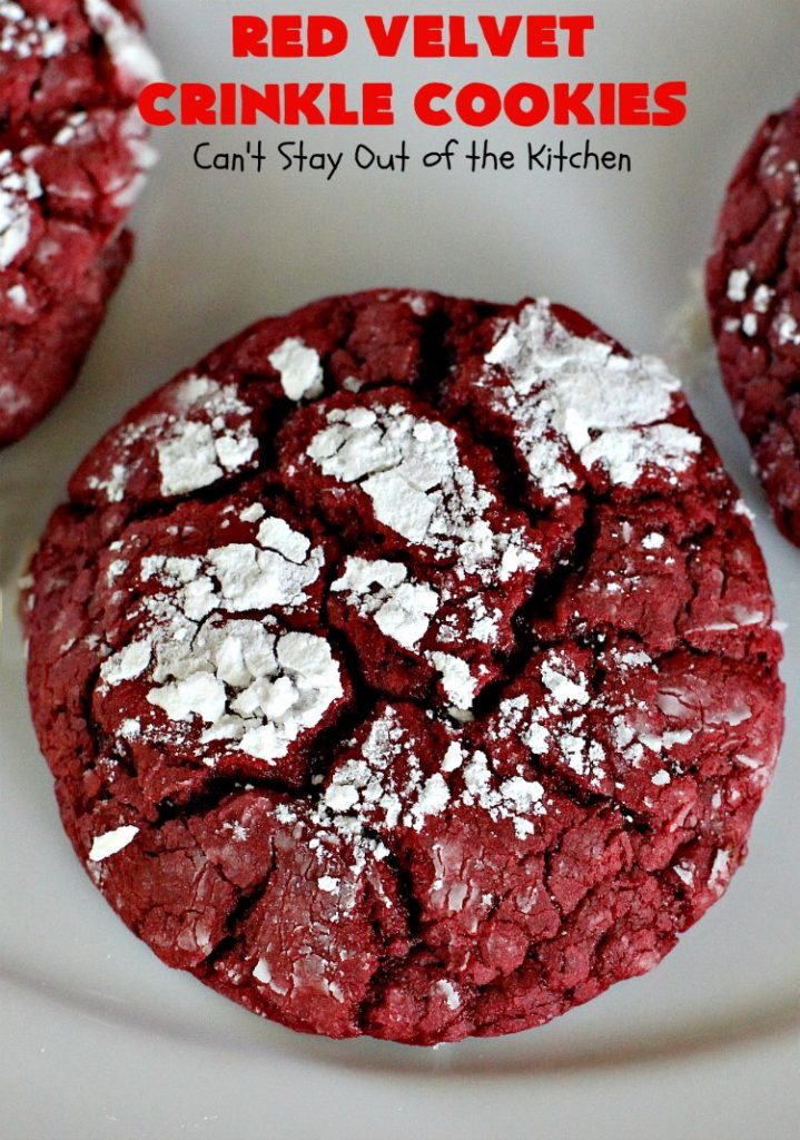 Red Velvet Crinkle Cookies | Can't Stay Out of the Kitchen | these sensational 6-ingredient #cookies are perfect for the #holidays & #Christmas #baking. They start with a #RedVelvet #cakemix making them so quick & easy. #Dessert #RedVelvetCookies #RedVelvetDessert #ChristmasDessert #ChristmasCookieExchange