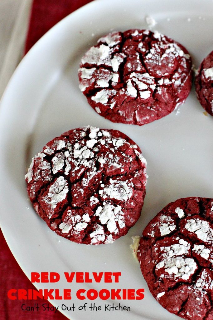 Red Velvet Crinkle Cookies | Can't Stay Out of the Kitchen | these sensational 6-ingredient #cookies are perfect for the #holidays & #Christmas #baking. They start with a #RedVelvet #cakemix making them so quick & easy. #Dessert #RedVelvetCookies #RedVelvetDessert #ChristmasDessert #ChristmasCookieExchange