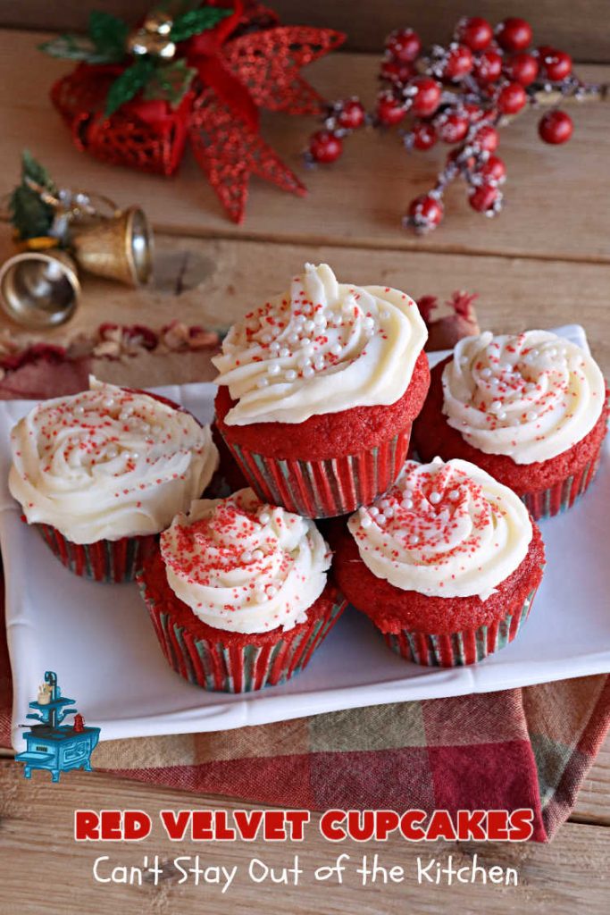 Red Velvet Cupcakes | Can't Stay Out of the Kitchen | These luscious #RedVelvet #cupcakes are so rich, decadent & heavenly you won't be able to stay out of them! The #CreamCheese #Frosting puts them over the top. Perfect #holiday treats for #Christmas or #ValentinesDay. #dessert #chocolate #RedVelvetDessert #ChocolateDessert #HolidayDessert #ValentinesDessert #ChristmasDessert #RedVelvetCupcakes