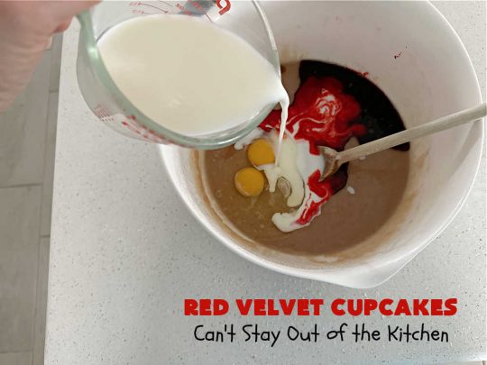 Red Velvet Cupcakes | Can't Stay Out of the Kitchen | These luscious #RedVelvet #cupcakes are so rich, decadent & heavenly you won't be able to stay out of them! The #CreamCheese #Frosting puts them over the top. Perfect #holiday treats for #Christmas or #ValentinesDay. #dessert #chocolate #RedVelvetDessert #ChocolateDessert #HolidayDessert #ValentinesDessert #ChristmasDessert #RedVelvetCupcakes