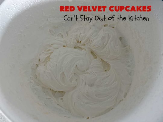 Red Velvet Cupcakes | Can't Stay Out of the Kitchen | These luscious #RedVelvet #cupcakes are so rich, decadent & heavenly you won't be able to stay out of them! The #CreamCheese #Frosting puts them over the top. Perfect #holiday treats for #Christmas or #ValentinesDay. #dessert #chocolate #RedVelvetDessert #ChocolateDessert #HolidayDessert #ValentinesDessert #ChristmasDessert #RedVelvetCupcakes