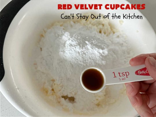 Red Velvet Cupcakes | Can't Stay Out of the Kitchen | These luscious #RedVelvet #cupcakes are so rich, decadent & heavenly you won't be able to stay out of them! The #CreamCheese #Frosting puts them over the top. Perfect #holiday treats for #Christmas or #ValentinesDay. #dessert #chocolate #RedVelvetDessert #ChocolateDessert #HolidayDessert #ValentinesDessert #ChristmasDessert #RedVelvetCupcakes