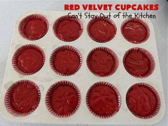 Red Velvet Cupcakes | Can't Stay Out of the Kitchen | These luscious #RedVelvet #cupcakes are so rich, decadent & heavenly you won't be able to stay out of them! The #CreamCheese #Frosting puts them over the top. Perfect #holiday treats for #Christmas or #ValentinesDay. #dessert #chocolate #RedVelvetDessert #ChocolateDessert #HolidayDessert #ValentinesDessert #ChristmasDessert #RedVelvetCupcakes